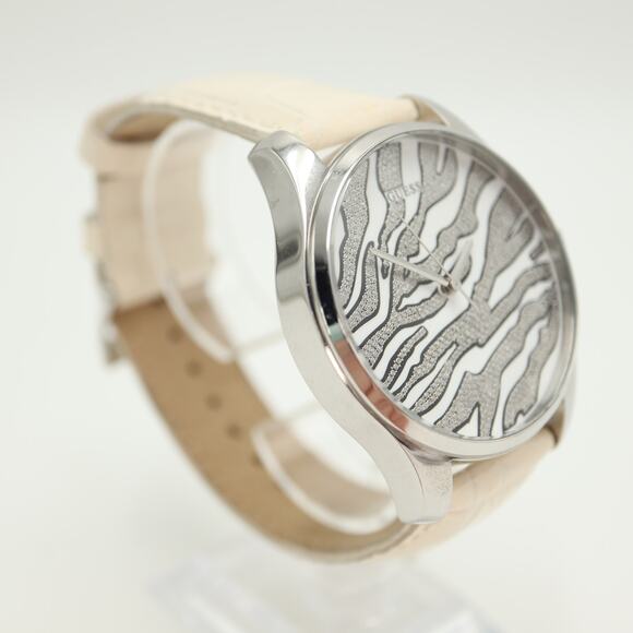 Guess Glitter Zebra Jumbo 44mm Silver Tone Watch White Leather w New Battery main image 6